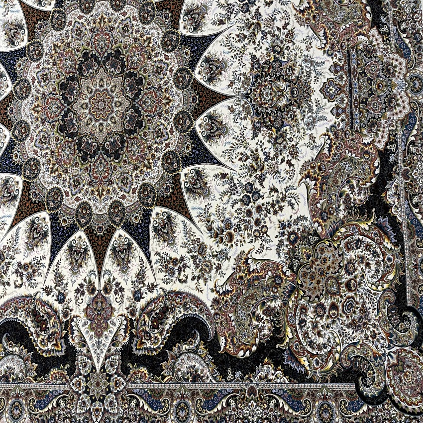 فرش ماشینی 1000 شانه محتشم زمینه کرم حاشیه سرمه ای مدل ماهور