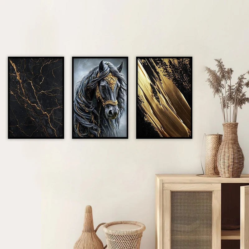 تابلو بکلیت طرح نقاشی اسب و رزین مدل B-4421 فریم مشکی مجموعه 3 عددی