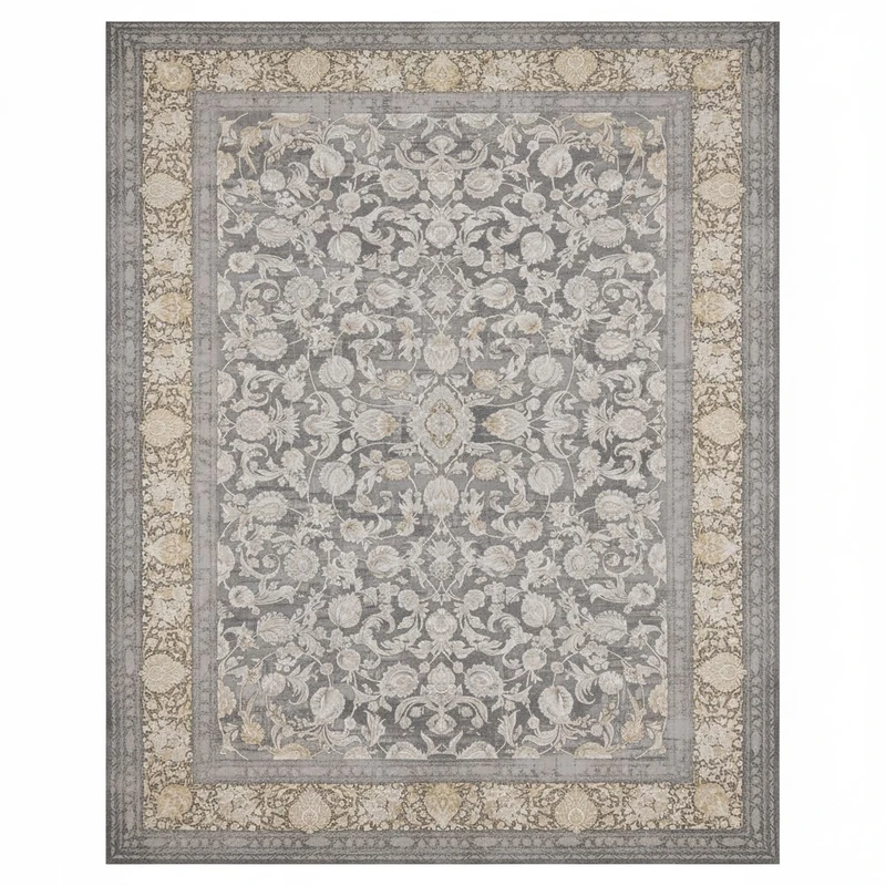 فرش ماشینی 1200 شانه زمینه فیلی حاشیه طلایی مدل افشان نئوکلاسیک اکریلیک