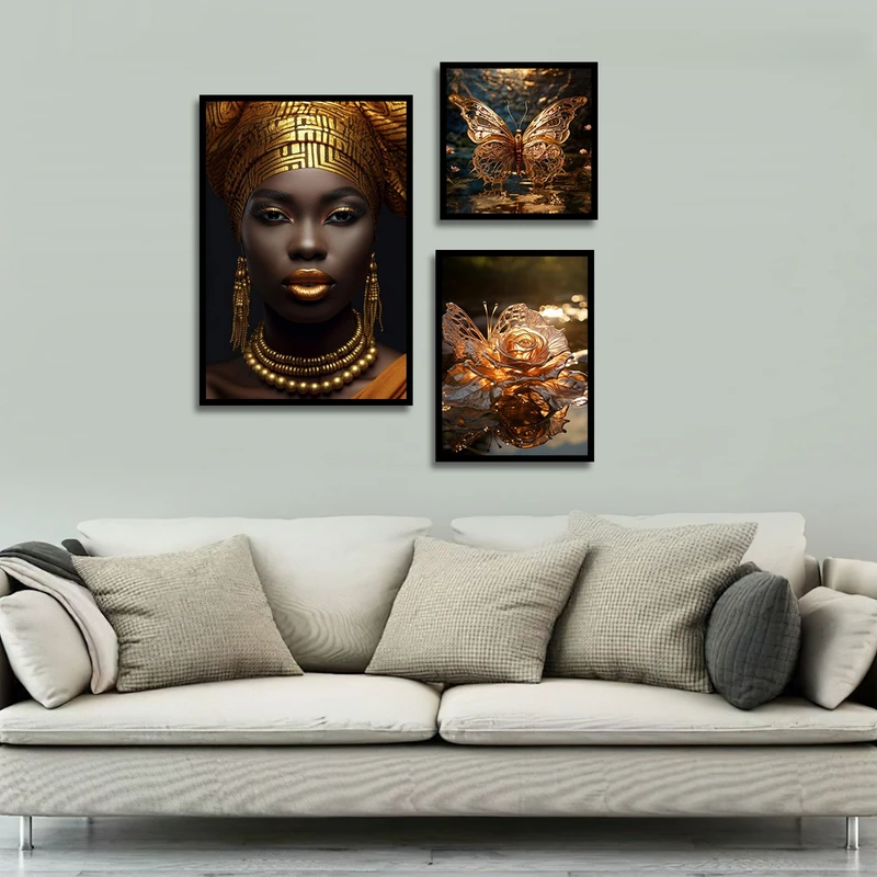 تابلو بکلیت طرح مدرن چهره آفریقایی و پروانه طلایی مدل B-1759 مجموعه 3 عددی