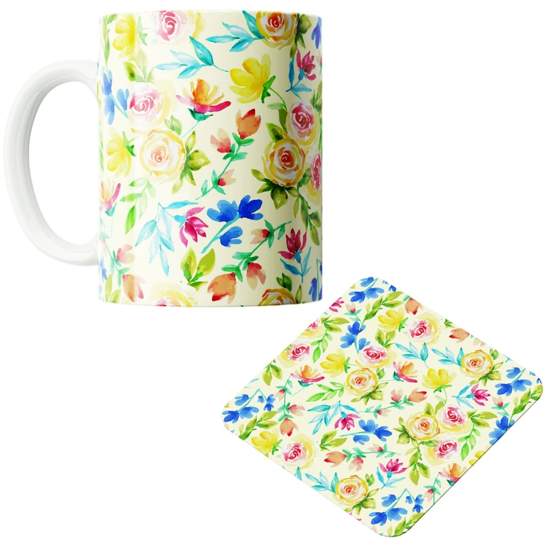 ماگ پاد آفرین مدل بهار طرح گل و برگ کد PZ299 به همراه زیرلیوانی