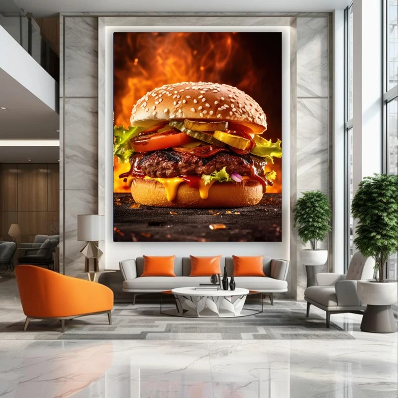 تابلو بوم طرح مخمل همبرگر مدل آتشین کد FP106314