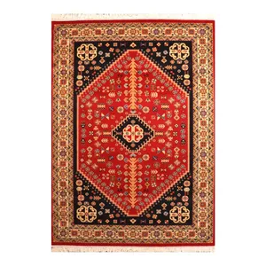 فرش ماشینی 320 شانه زمینه لاکی حاشیه کرم مدل ستاره کویر یزد کلکسیون شاهسون کد SH-B008-5050