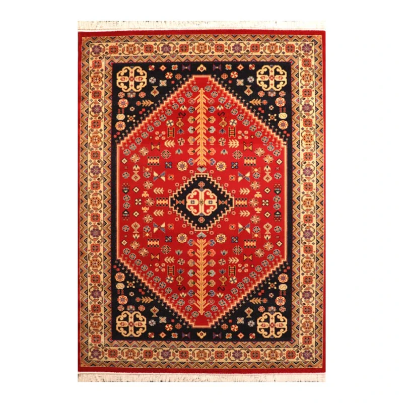 فرش ماشینی 320 شانه زمینه لاکی حاشیه کرم مدل ستاره کویر یزد کلکسیون شاهسون کد SH-B008-5050