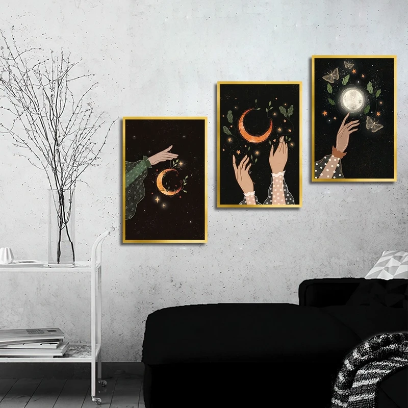 تابلو بکلیت طرح نقاشی ماه مدل شاین اکلیلی T-2314 فریم طلایی مجموعه 3 عددی