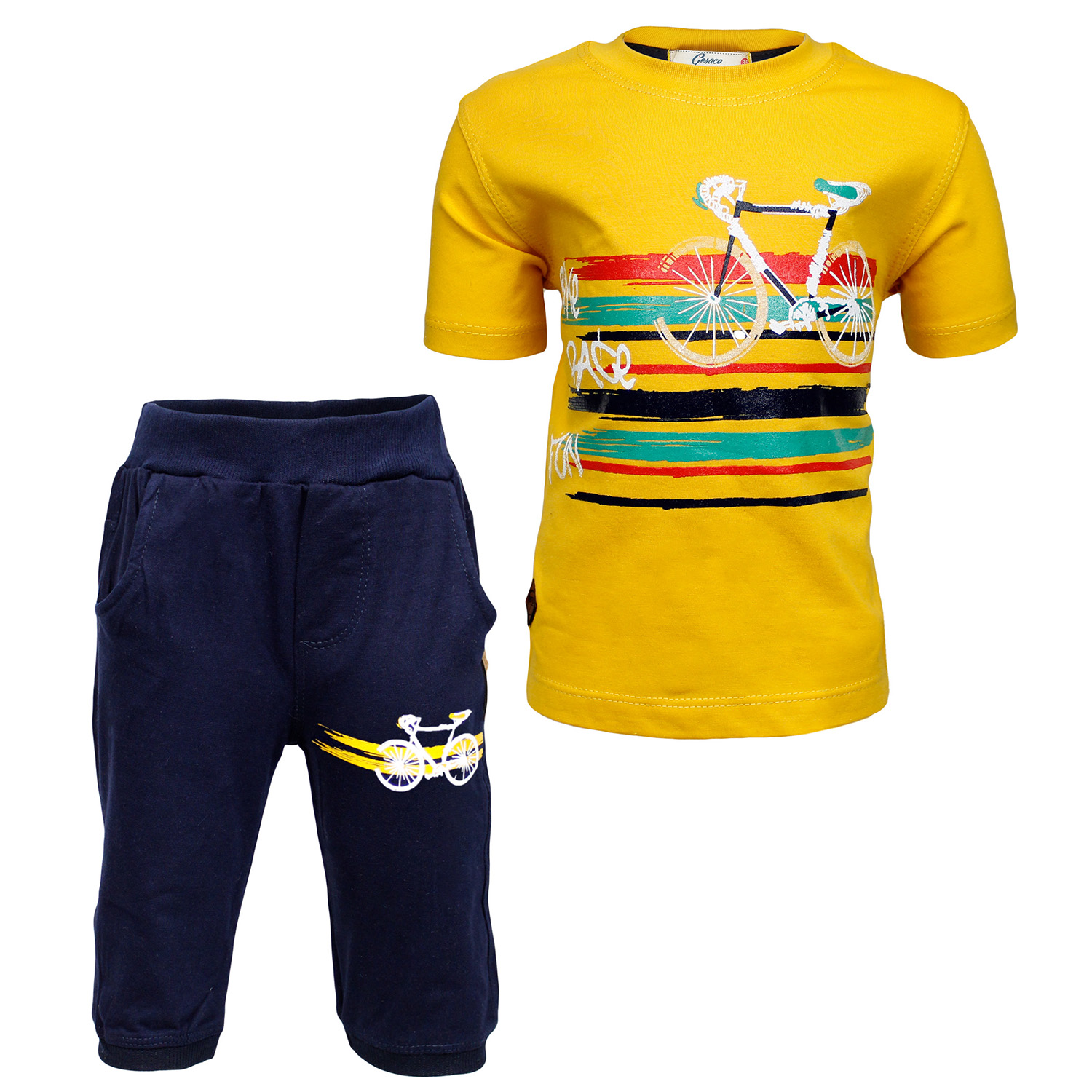 ست تی شرت و شلوارک پسرانه طرح دوچرخه کد 68 رنگ زرد