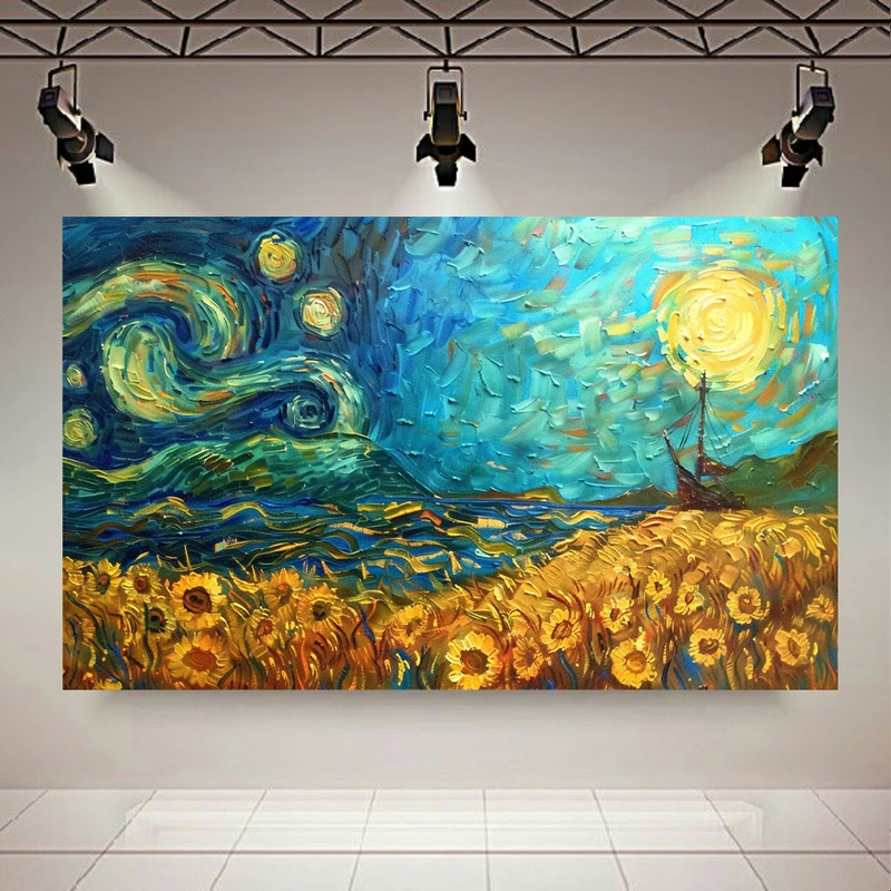  تابلو بوم طرح مخمل شب پر ستاره ونگوگ مدل طلوع خورشید کد AR302368