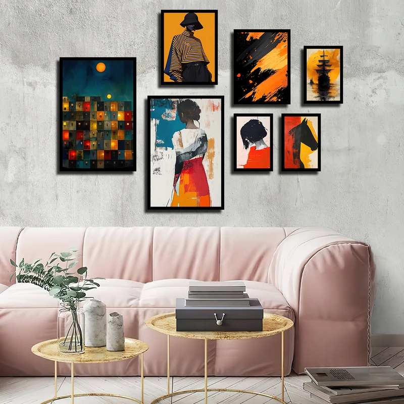 تابلو بکلیت طرح دکوراتیو و مدرن چهره دخترانه ژستیک مدل B-3275 فریم مشکی مجموعه 7 عددی