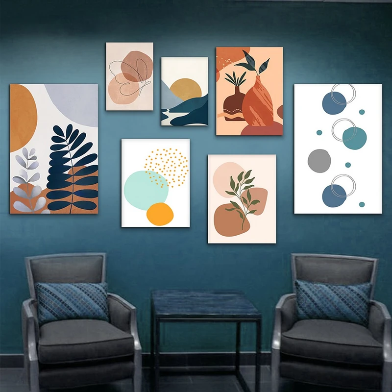 تابلو شاسی بکلیت طرح نقاشی مینیمال گلدان و برگ مدل SH-978 مجموعه 7 عددی