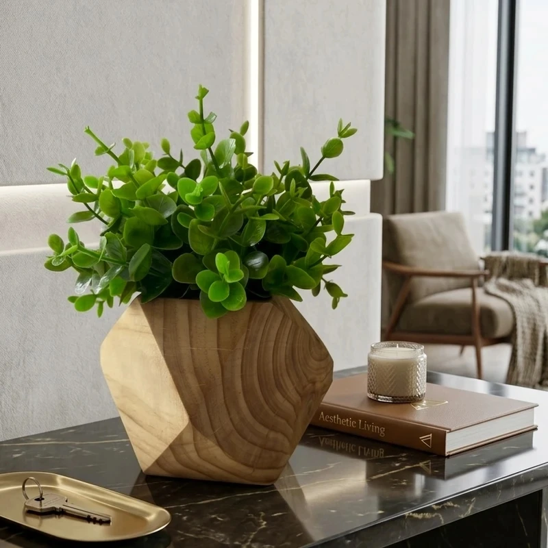 گلدان چوبی رومیزی به همراه گل مصنوعی 8 ضلعی کد 529 مناسب فضای باز، ابعاد 10×10×15 سانتی‌متر، وزن 200 گرم