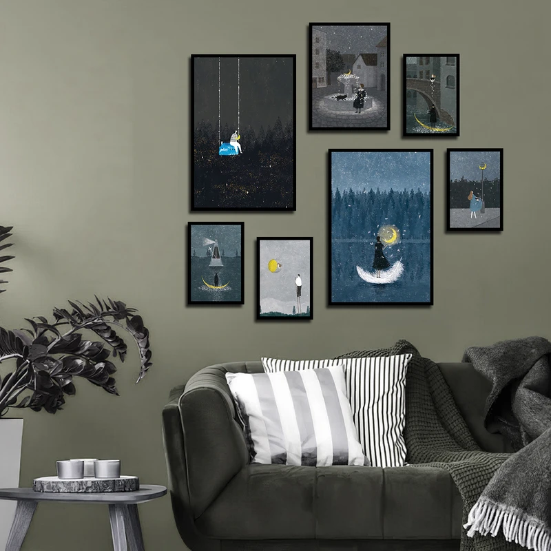 تابلو بکلیت طرح مدرن نقاشی منظره شب و دخترانه مدل B-3465 فریم مشکی مجموعه 7 عددی