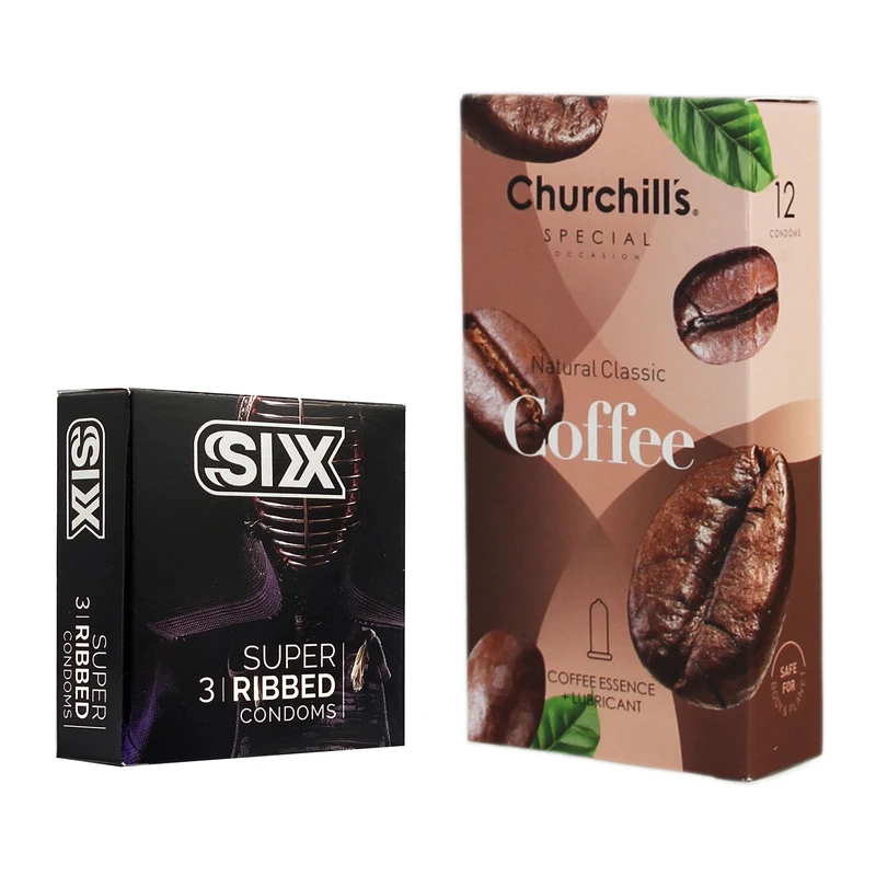 کاندوم چرچیلز مدل Coffee بسته 12 عددی به همراه کاندوم سیکس مدل شیاردار بسته 3 عددی