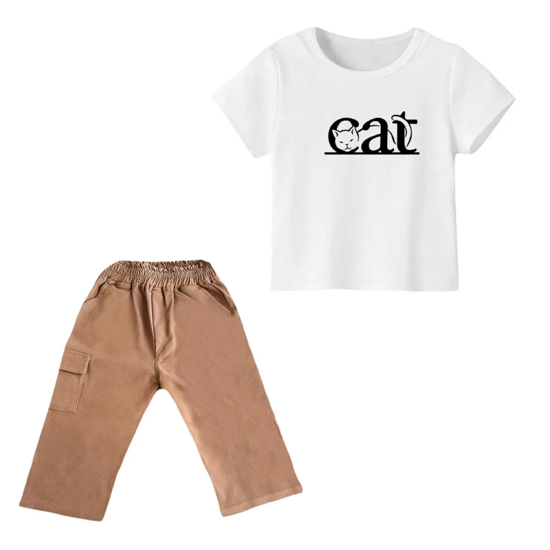 ست تی شرت و شلوارک دخترانه مدل گربه کد ۸