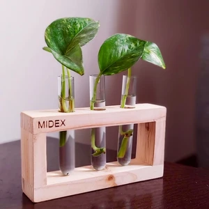 استند گل رومیزی مدل mf2 چوبی با 3 لوله برای گیاهان آبزی و کشت ریشه در آب، ابعاد 15×12×4 سانتی متر، وزن 120 گرم