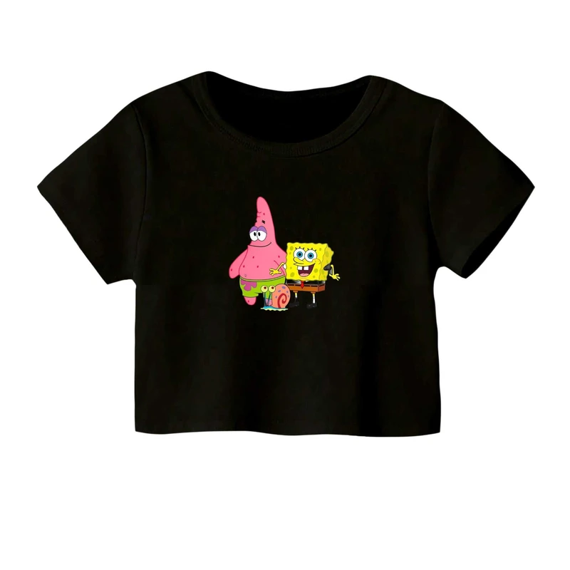 کراپ‌ تی‌شرت آستین کوتاه زنانه مدل باب اسفنجی و پاتریک 1