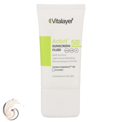 فلوئید ضدآفتاب بی‌رنگ ویتالیر SPF50 مدل Activit، مناسب پوست‌های مختلط و چرب، حجم 50 میلی‌لیتر