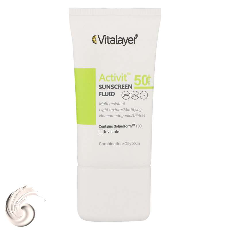 فلوئید ضدآفتاب بی‌رنگ ویتالیر SPF50 مدل Activit، مناسب پوست‌های مختلط و چرب، حجم 50 میلی‌لیتر