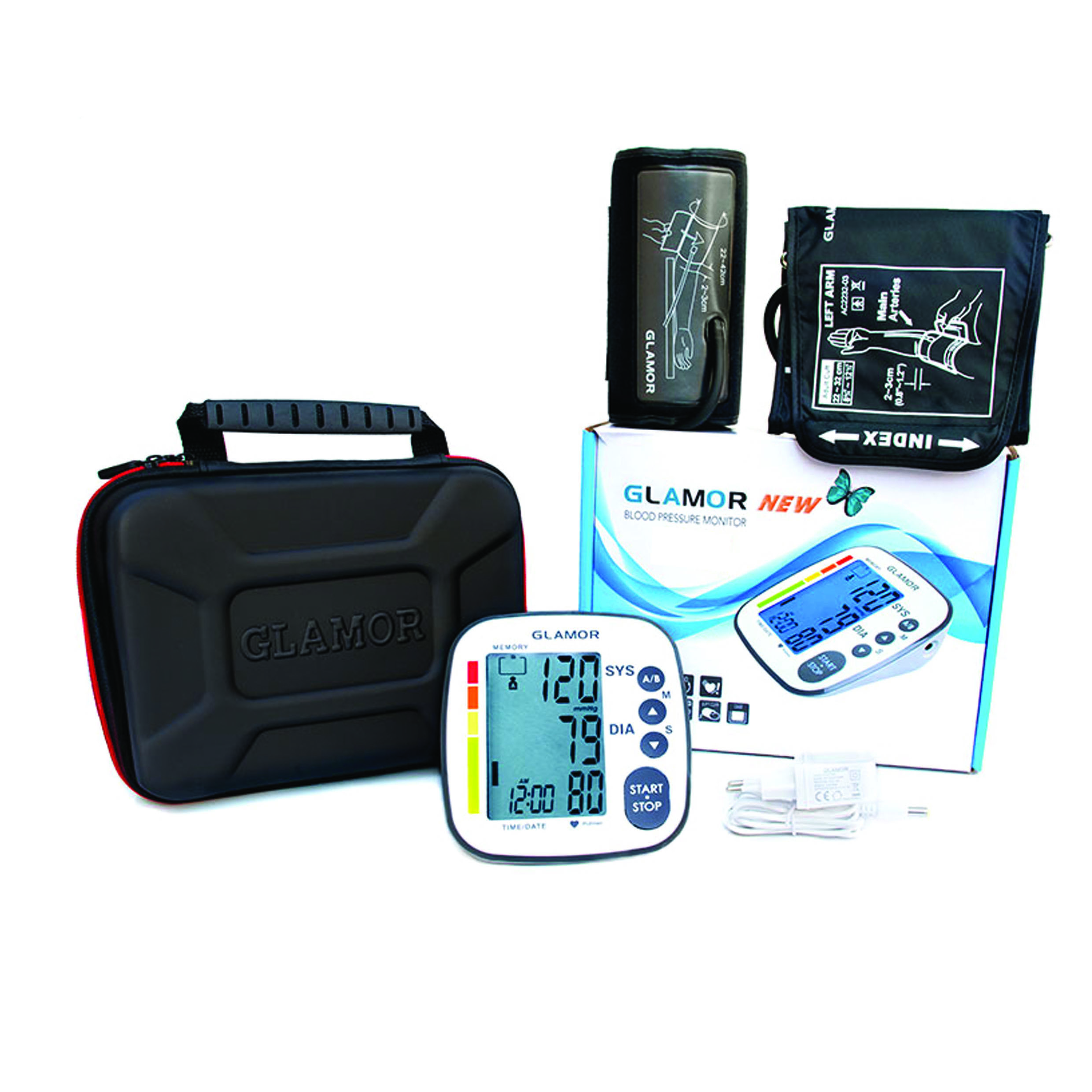 فشارسنج بازویی دیجیتال گلامور مدل TMB-995 NEW با دو کاف فنری و ساده سایز 22-32 و 22-42 سانتی‌متر، صفحه نمایش بزرگ، حافظه 120 عدد برای دو کاربر، آداپتور و کیف ضد ضربه، قابلیت اندازه‌گیری حین باد شدن کاف و خاموشی خودکار پس از 1 دقیقه