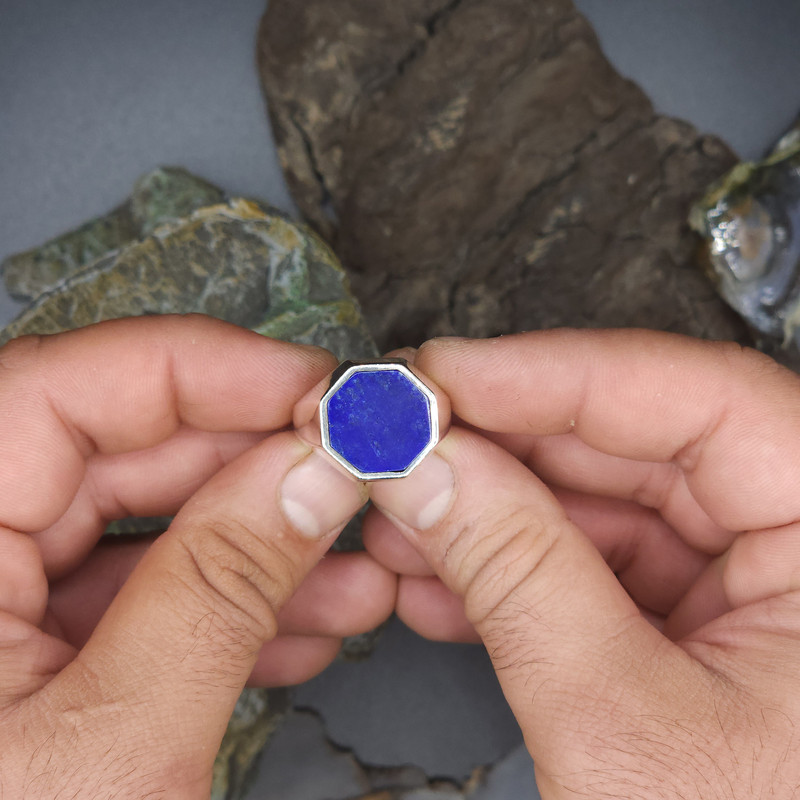 انگشتر نقره مردانه دلی جم مدل شش ضلعی با سنگ لاجورد طبیعی