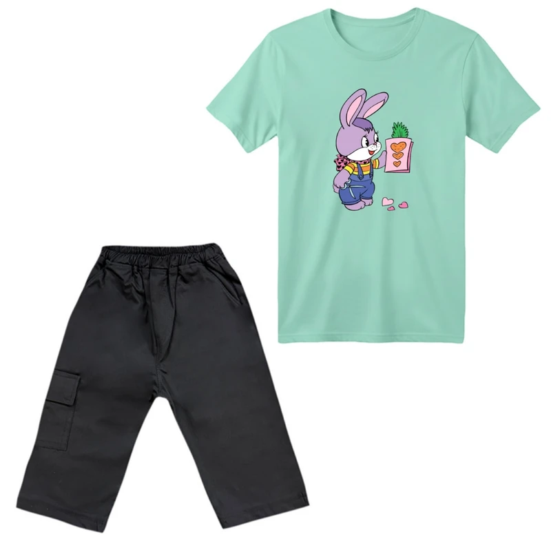 ست تی‌شرت آستین کوتاه و شلوارک دخترانه مدل خرگوش و هویج