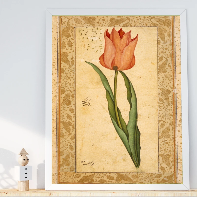 تابلو طرح نگارگری گل لاله مدل G00642 فریم سفید