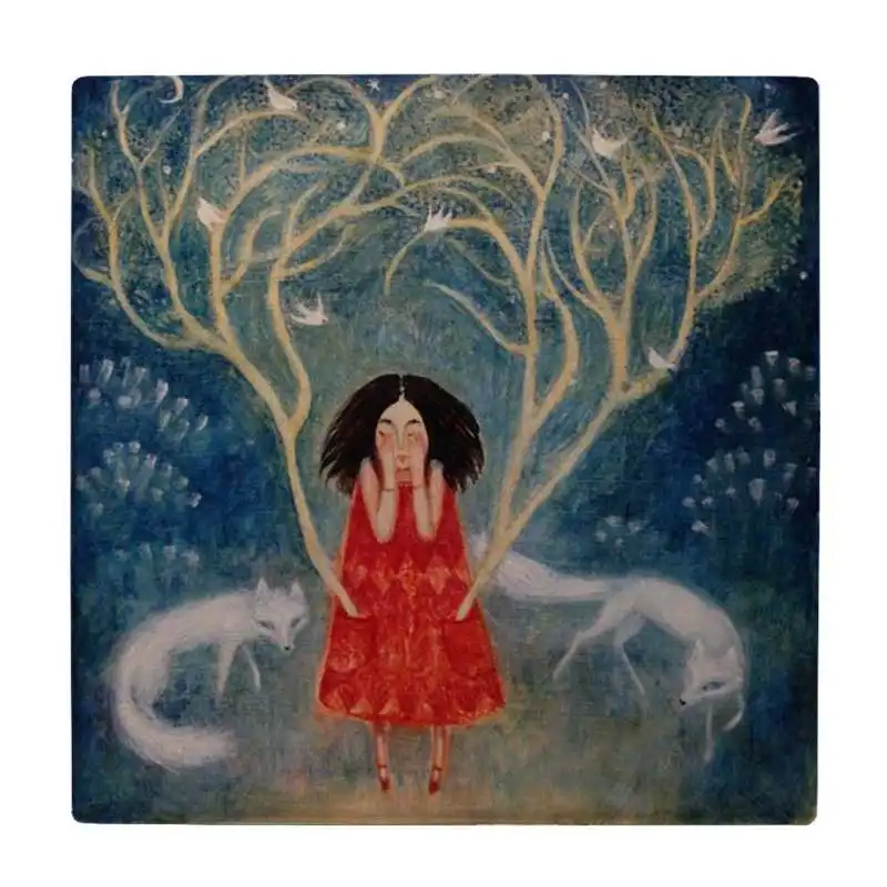 کاشی طرح نقاشی دختر و دو روباه مدل لوحی BDT162