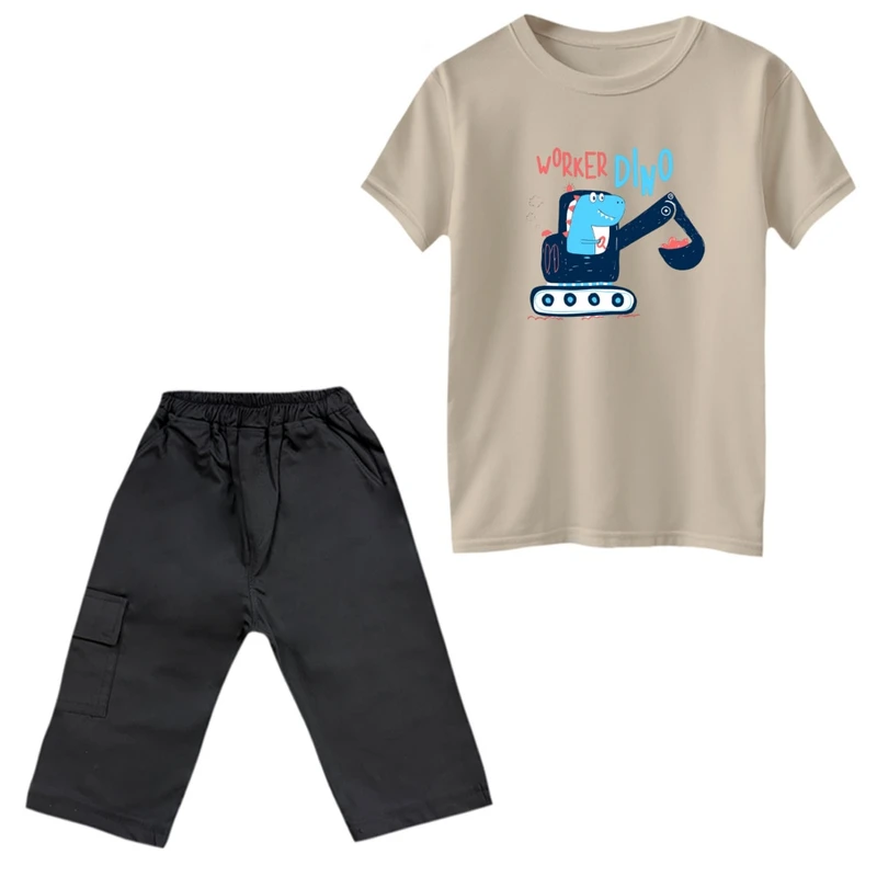 ست تی‌شرت و شلوارک پسرانه مدل دایناسور و ماشین