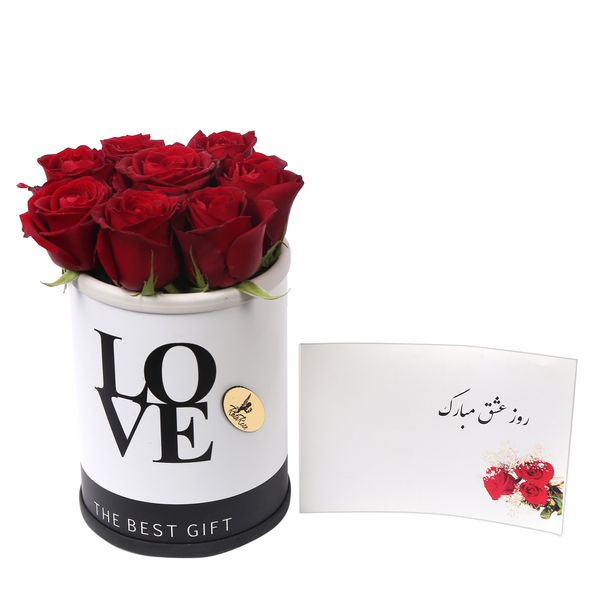 سبد گل رز راتا رز کد W8 به همراه کارت تبریک طرح روز عشق مبارک