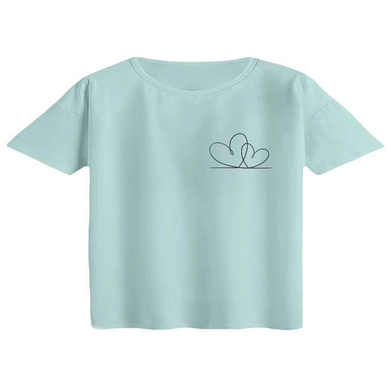 کراپ تی‌شرت آستین کوتاه زنانه مدل دوقلب مشکی رنگ آبی روشن