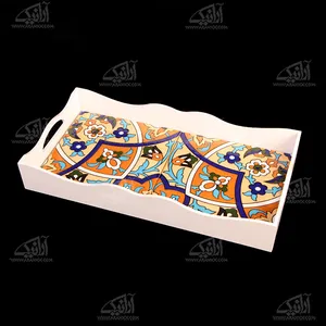 سینی و دیس چوبی‏ مستطیل‏ کاشی‏  ‏‏رنگ ‏سفید‏ طرح ‏پیچک‏ مدل 1001100002