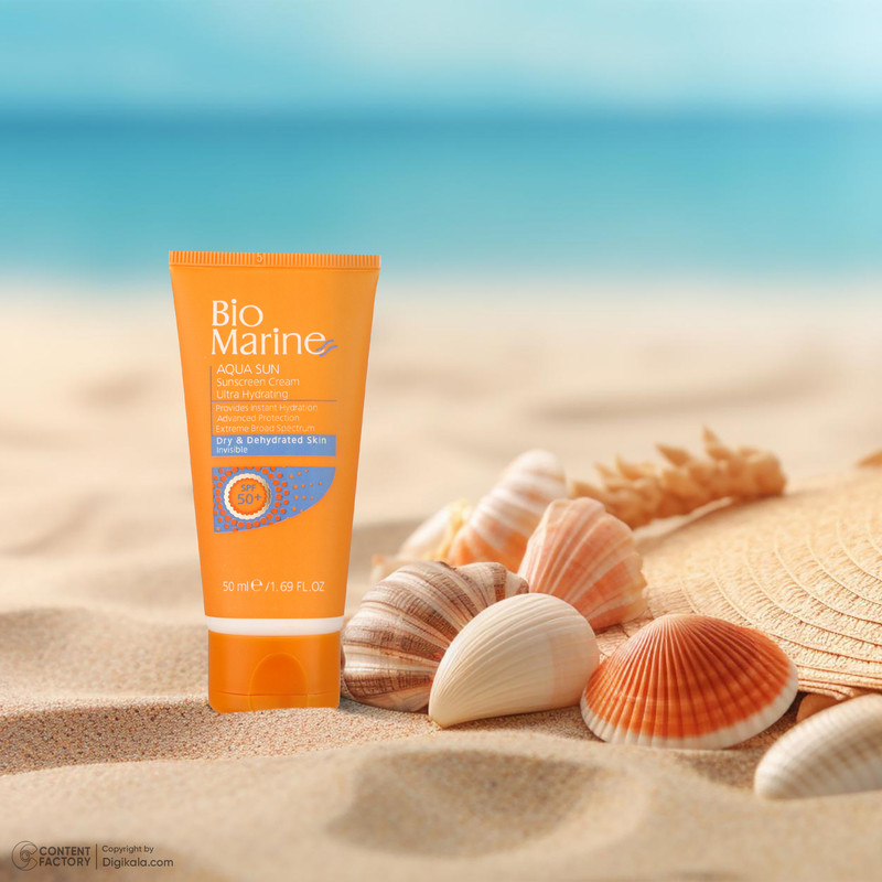 کرم ضد آفتاب بدون رنگ بایومارین SPF50 مدل AQUA SUN محافظ UVA ،UVB، مرطوب‌کننده، مناسب پوست خشک حجم 50 میلی‌لیتر