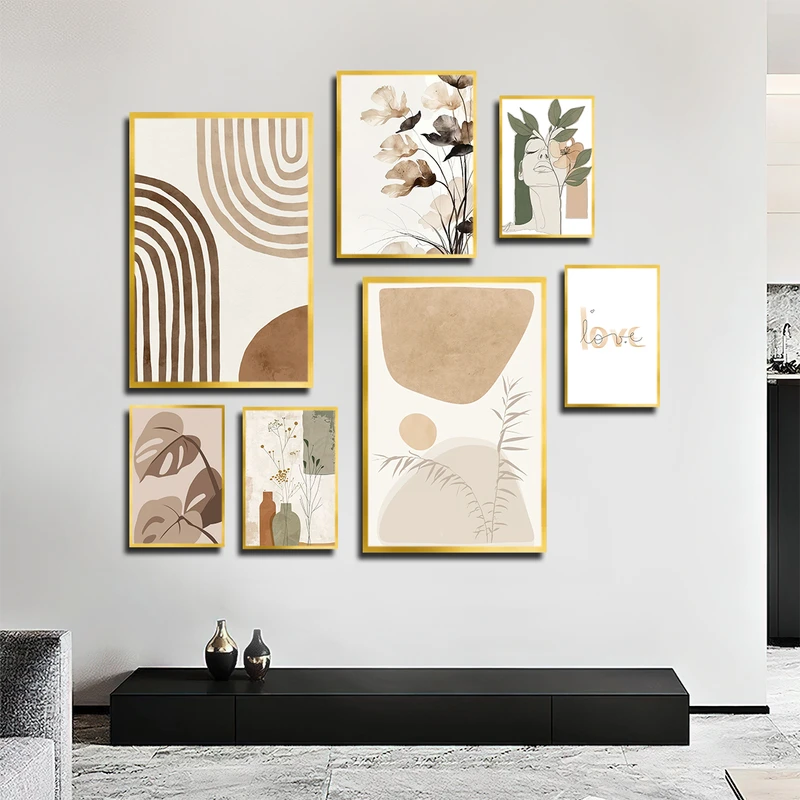 تابلو بکلیت طرح نقاشی مینیمال و برگ مدل T-3626 فریم طلایی مجموعه 7 عددی