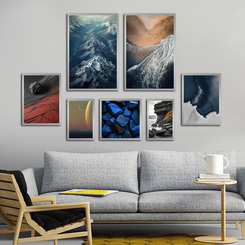 تابلو بکلیت طرح طبیعت دریا و صخره مدل SI-3355 فریم نقره ای مجموعه 7 عددی