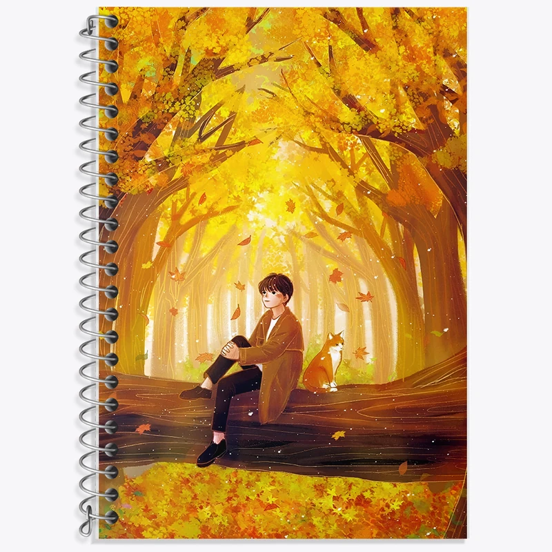 دفتر زبان 50 برگ خندالو مدل سه خط طرح پسر و جنگل پاییزی کد F8202