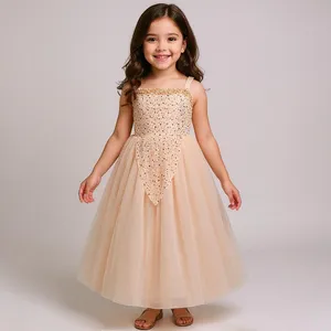 پیراهن بدون آستین یقه خشتی دخترانه مدل مجلسی رنگ گلبهی