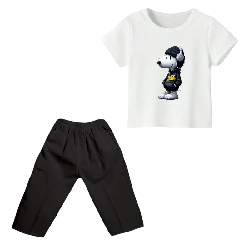 ست تی شرت و شلوارک پسرانه مدل اسنوپی کد ۵۳ رنگ سفید