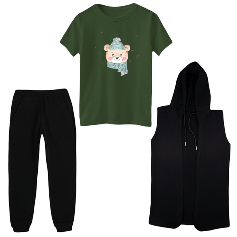 ست 3 تکه لباس دخترانه مدل خرس زمستونی رنگ یشمی