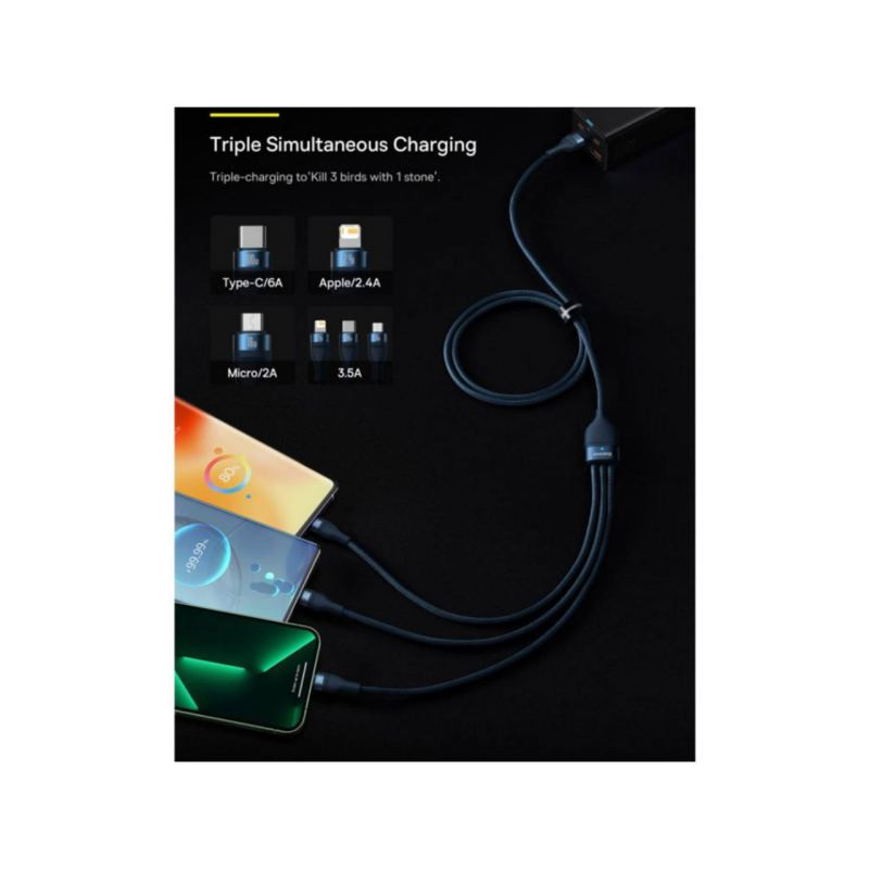 کابل تبدیل USB به USB-C / microUSB / لایتنینگ باسئوس مدل ONE-FOR-THREE 100Wطول 1.2 متر