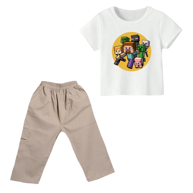 ست تی شرت و شلوارک پسرانه مدل ماینکرفت کد ۳ رنگ سفید