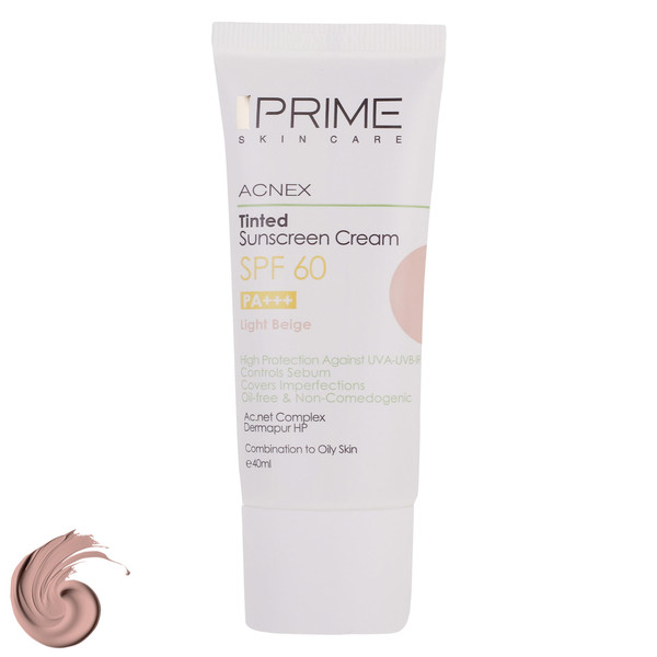 کرم ضدآفتاب رنگی پرایم SPF60 مدل Acnex، مناسب پوستهای چرب، حجم 40 میلیلیتر