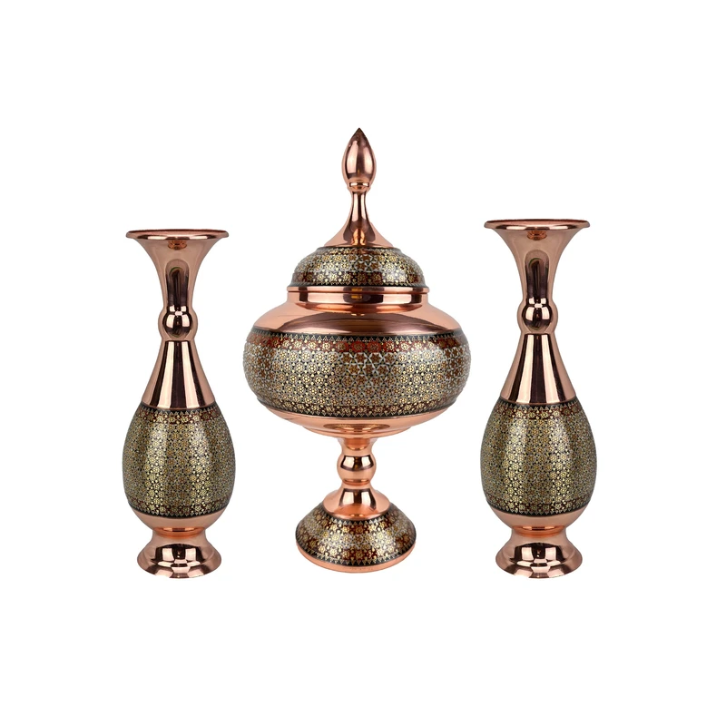  ست 3 تکه شکلات خوری و گلدان خاتم کاری مدل آذر کد s25