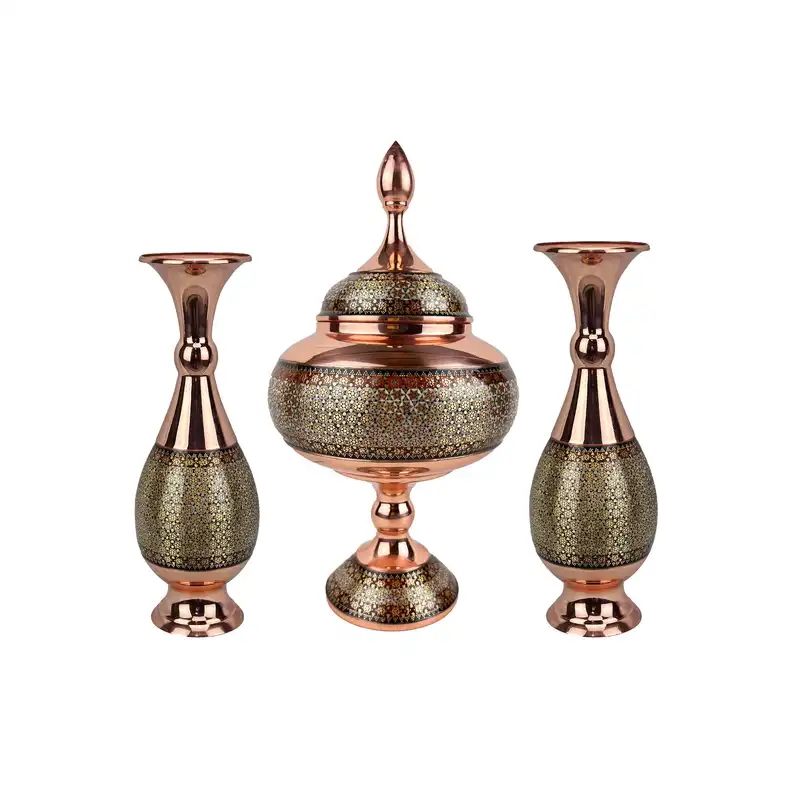 ست 3 تکه شکلات خوری و گلدان خاتم کاری مدل آذر کد s20