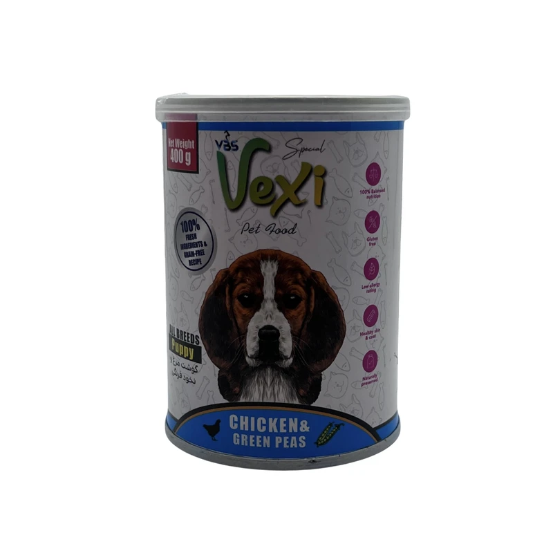 کنسرو غذای سگ وکسی مدل ‌پته مرغ و نخود فرنگی وزن 400 گرم