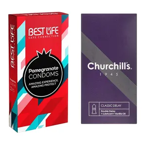 کاندوم چرچیلز مدل Classic Delay بسته 12 عددی به همراه کاندوم بست لایف مدل Pomegranate بسته 12 عددی