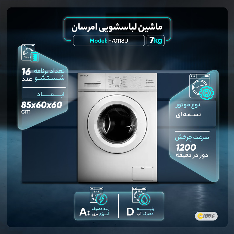 ماشین لباسشویی امرسان مدل F70118U ظرفیت 7 کیلوگرم 3 در وبزینر ماشین لباسشویی امرسان مدل F70118U ظرفیت 7 کیلوگرم