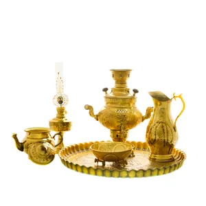 سرویس سماور ذغالی 6 پارچه برنجی مدل عدسی ترک دار کد 4582