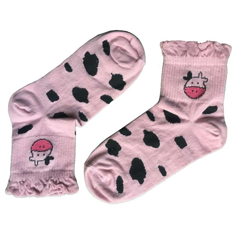 جوراب دخترانه مدل نیم ساق طرح گاو رنگ صورتی