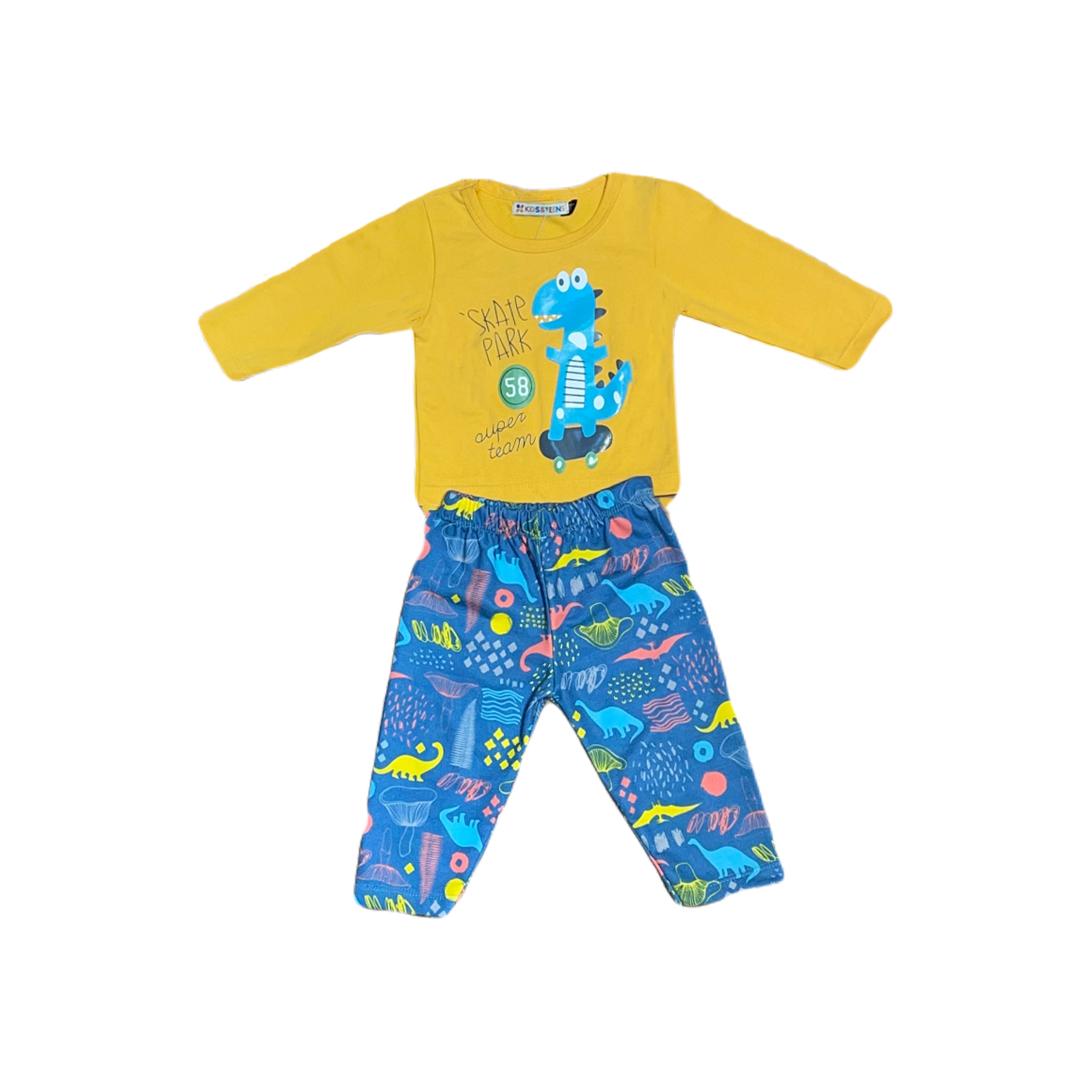 ست تی شرت و شلوار بچگانه مدل دایناسور رنگ زرد 