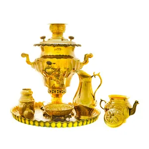 سرویس سماور ذغالی 6 پارچه برنجی مدل میخی ترک دار کد 4456