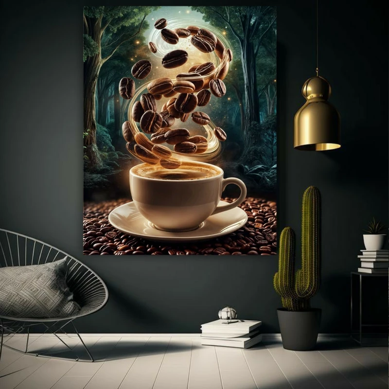 تابلو بوم مخمل طرح فنجان قهوه در باد مدل دیپ کد FP105660